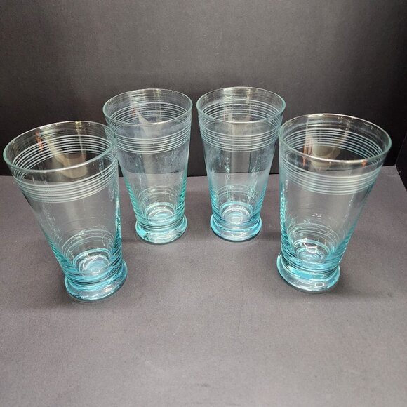 Vintage Icy Blue Etched Banded Glasses Tumbler - Set of 4 - Picture 1 of 11